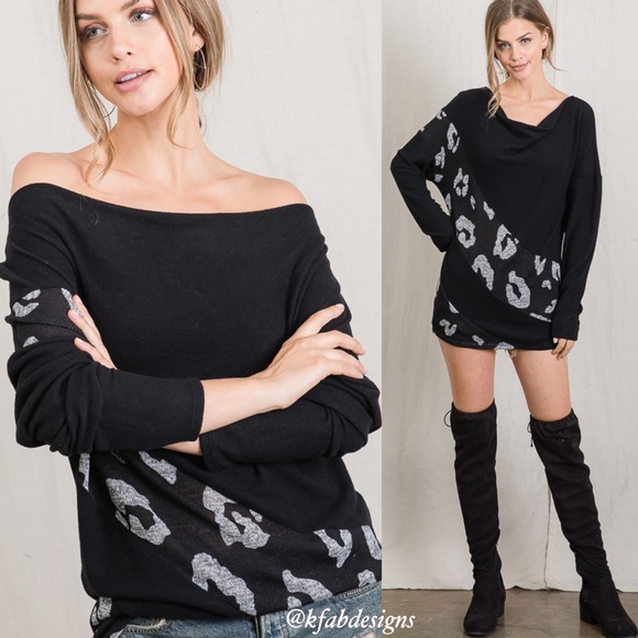 ❤️LAST ONE! Multi Wear Neckline Super Soft, Leopard Accent, Dolman Sleeve Top - Picture 4 of 9